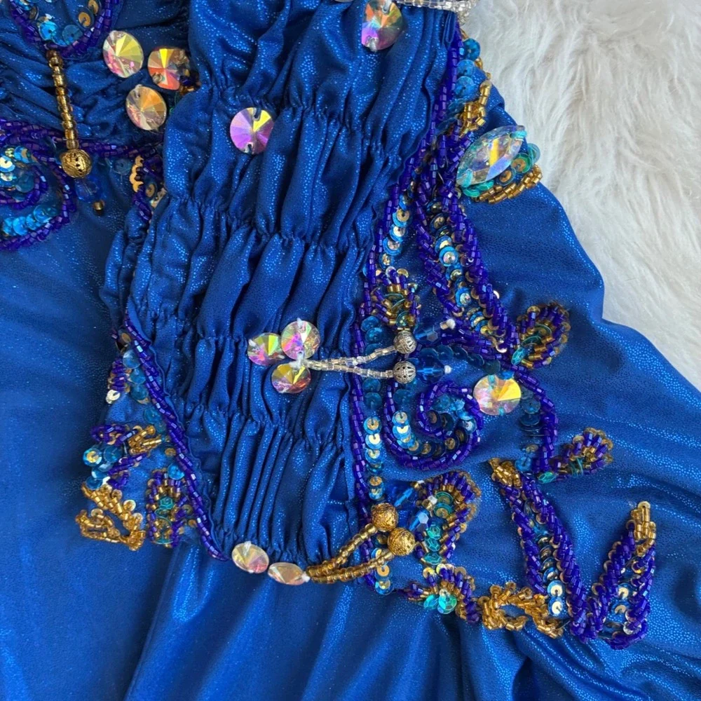 Hand Beaded Bedlah Blue Belly Dancing Costume Set Bra Top and Harem Pants